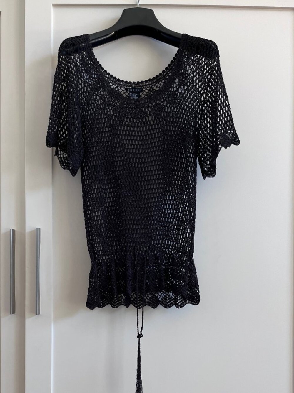 Theory Short Sleeve Open Knit Crochet Sweater in Espresso (M)